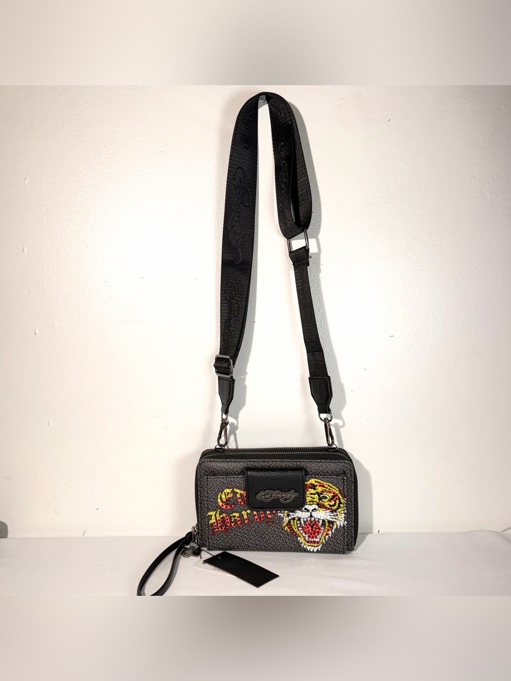 Ed Hardy Black Crossbody Wristlet Rhinestone Wallet NWT